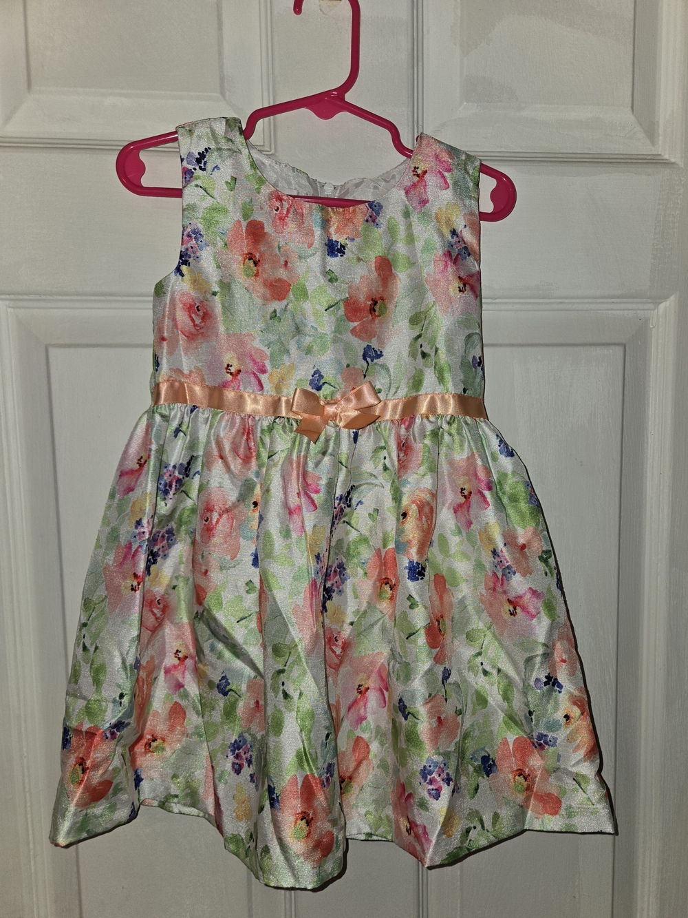 Bonnie Jean Floral Satin-Bow Girls Dress - Peach, Pink & Green SZ 3T